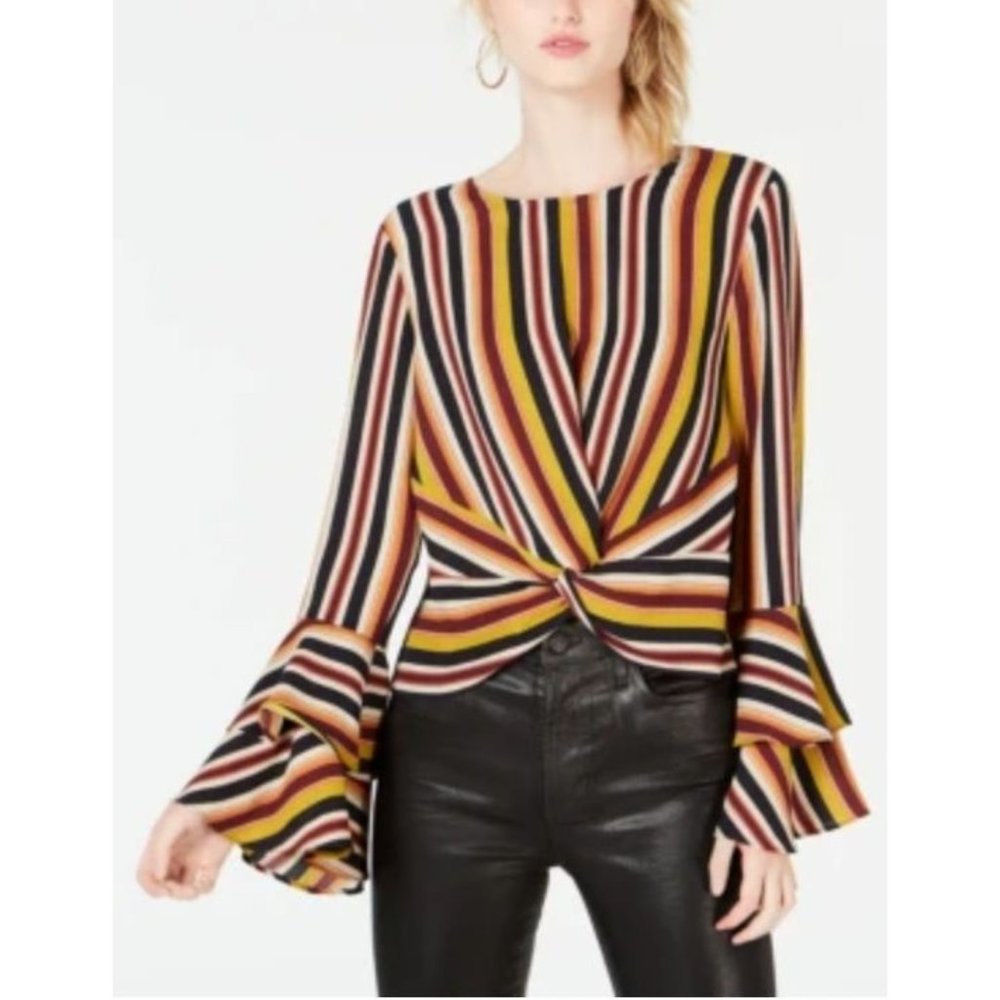 Bar III | Striped Flared-Sleeve Top Multi Size XS